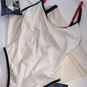 NWT black, red & white 1-piece bikini w/ skirtwrap